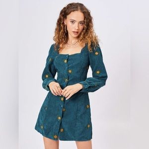 NEW Cider Medium Corduroy Floral Embroidered Sunflower Long Sleeve Mini Dress